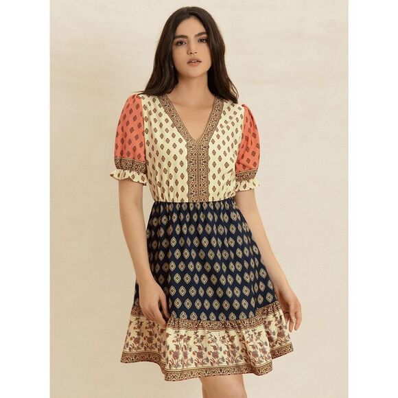 Casual Mod Print Colorblock Dotted V-Neck Short Sleeve Country Dress Sz XL - Picture 2 of 10